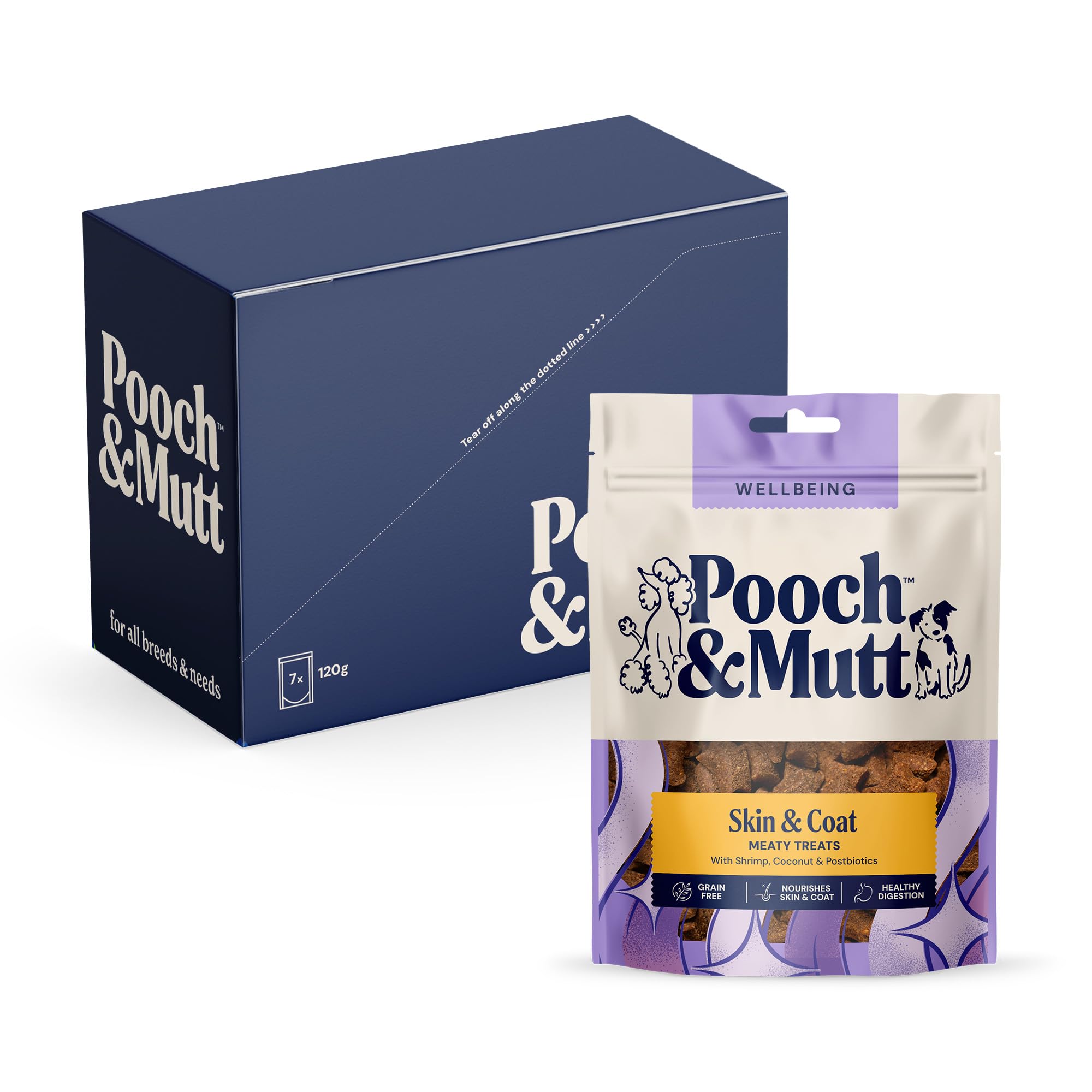 Pooch & Mutt - Skin & Coat Meaty Treats, Dog Treats Grain Free, for Itchy Skin and Skin Relief, Shrimp & Coconut, Pack of 7x120g (packaging may vary)