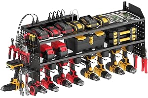 JUNNUJ Large Power Tool Organizer Wall Mount with Charging Station. Garage 8 Drill Holder Tools Battery Storage Shelf, Heavy Duty Utility Storage Rack Built in 8 Outlet 3 USB 6 FT Power Strip