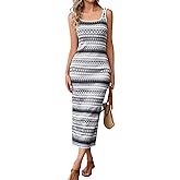 PRETTYGARDEN Tank Dress for Women 2026 Summer Casual Striped Maxi Dresses Fitted Square Neck Beach Vacation Bohemian Sundress