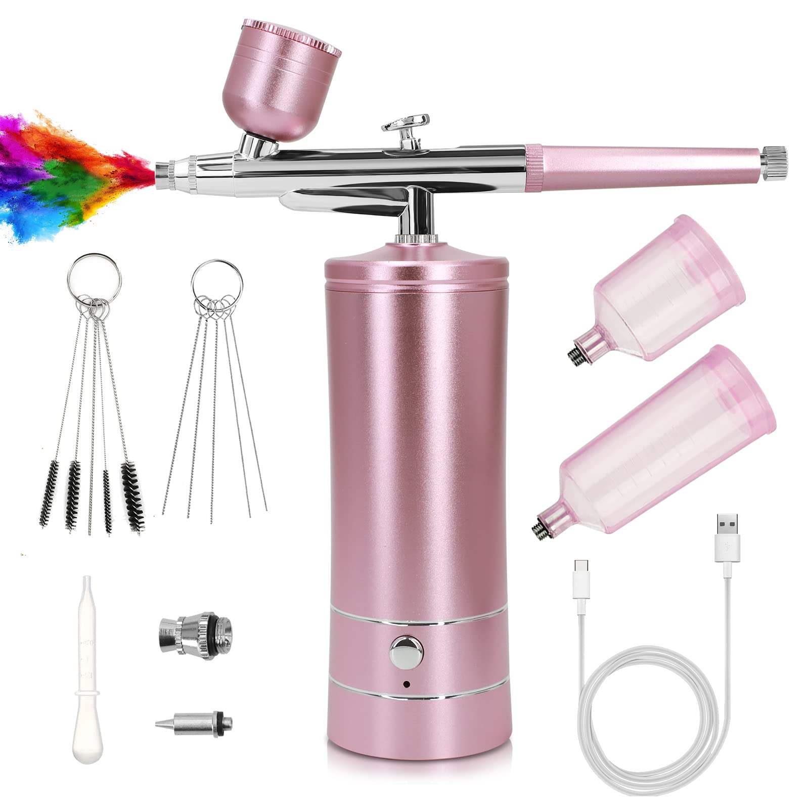 Ykall Airbrush Kit with Compressor, Rechargeable Cordless Non-Clogging High-Pressure Air Brush Set with 0.3mm Nozzle and Cleaning Brush Set for Nail Art, Makeup, Painting, Cake Decor (Pink)
