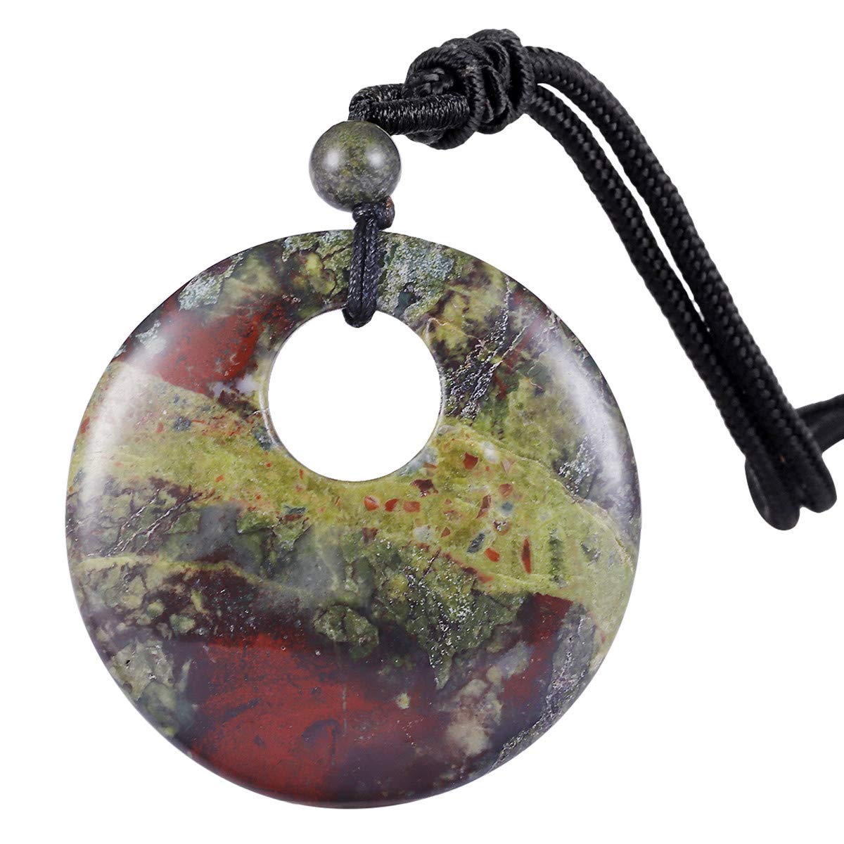 Nupuyai Dragon Bloodstone Lucky Coin Pendant Necklace for Women Men, Healing Crystal Stone Donut Pendant with Adjustable Cord 70cm