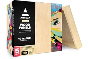 ARTEZA Wood Canvas Boards, 10 x 10 Inches, Pack of 5, Birch Wood, Wooden Panels for Acrylic and Oil Painting, Wood Burning, Crafting