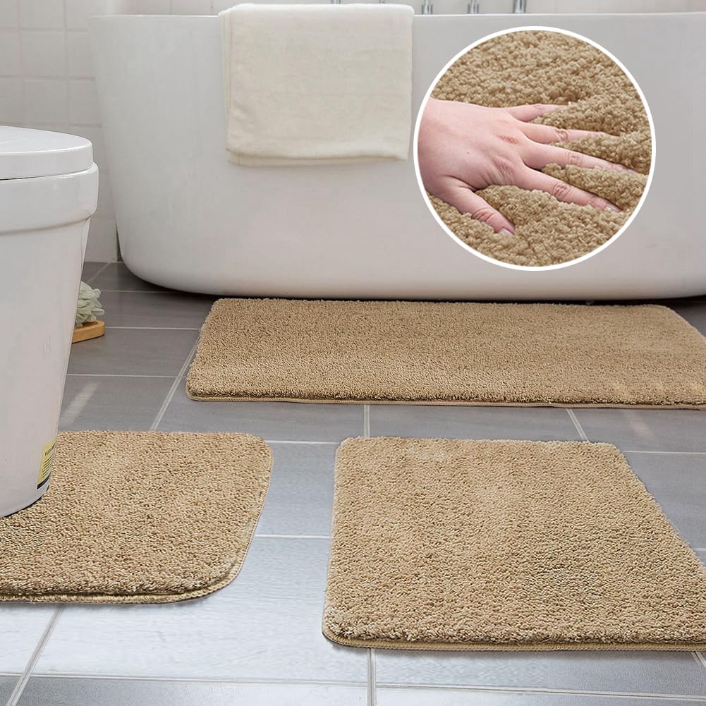Ceneco Bathroom Mat Sets 3 Piece, Non Slip Bath Mat Set, Washable U-Shaped Toilet Mats,Microfiber Bathroom Mats, Super Absorbent Bath Rug, Soft Bath Mats for Bath(Beige,U40x50_50x60_50x80cm)