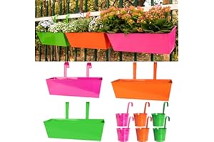 LOVOUS 3 Pcs 16 Inch Railing Planter and 6 Pcs 5 Inch Hanging Flower Pots with Detachable Hooks for Balcony Fence Garden Yard Patio Porch Home Decor