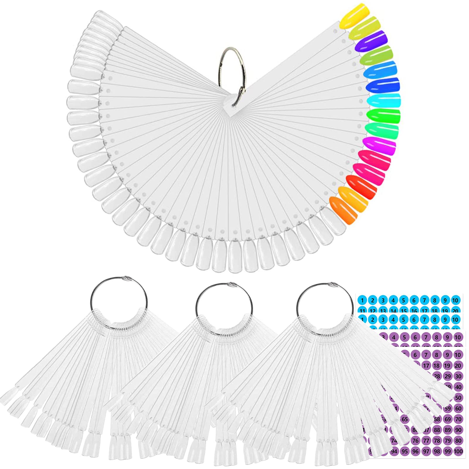 BQAN 200 Pcs Nail Swatch Sticks with Ring, Nails Art Color Display Nail Practice Sticks for Home or Salon Use, 4 Pack Number Stickers