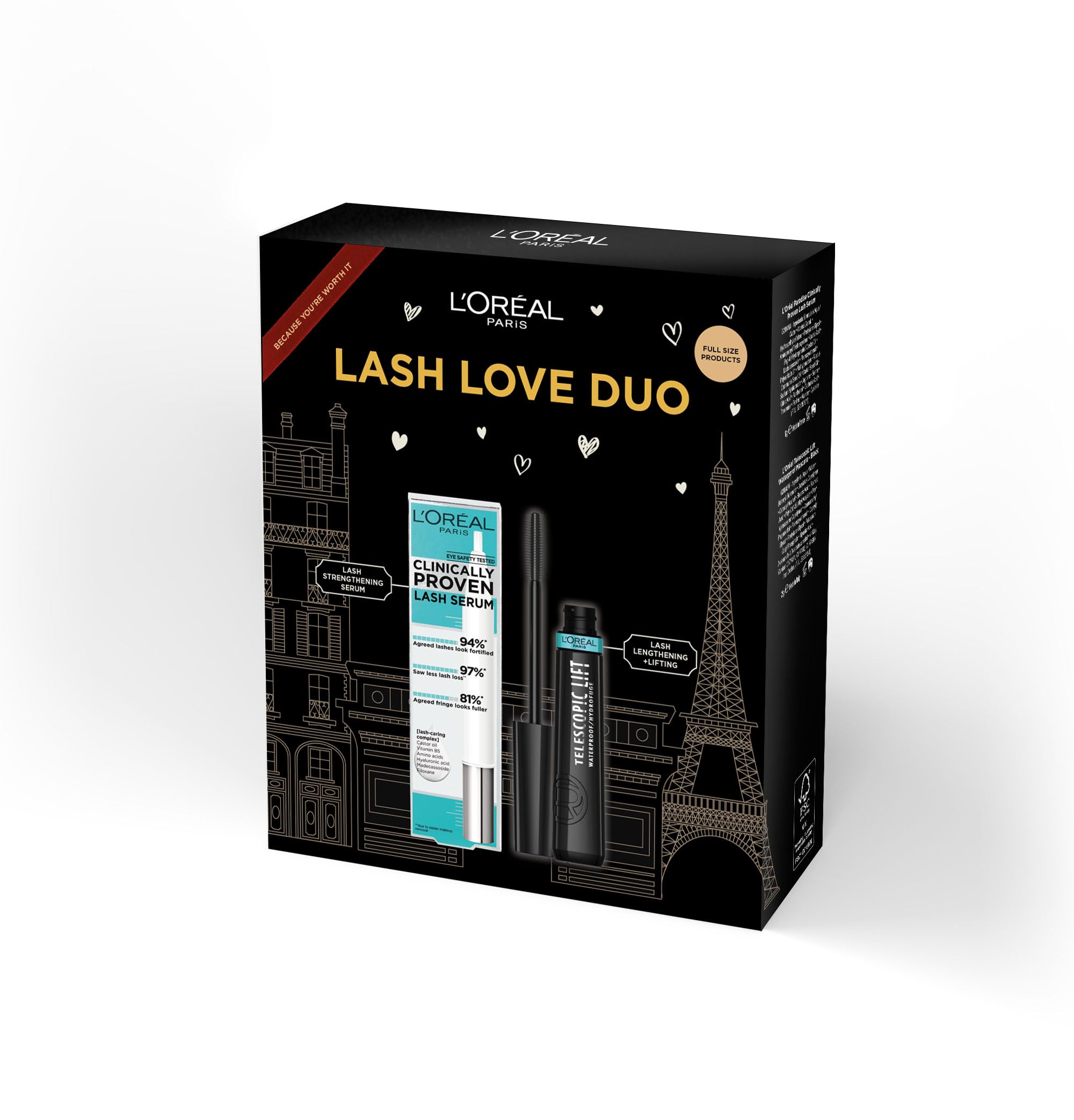 L'Oréal Paris Lash Love Duo Gift Set Clinically Proven Lash Serum Infused With Hyaluronic Acid & Telescopic Lift Mascara For Up To +5MM Longer Looking Lashes