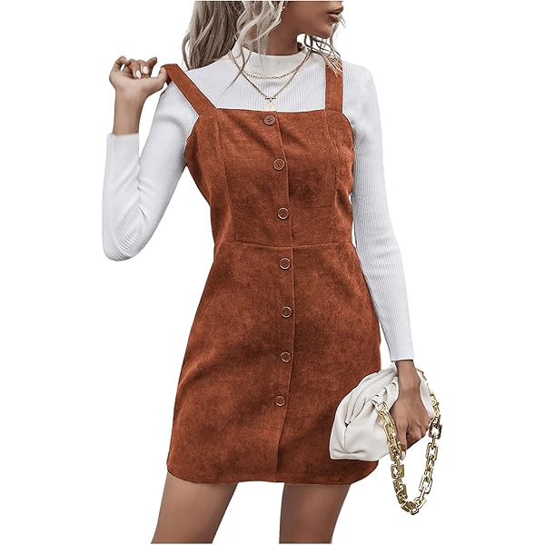 Floerns Women's Corduroy Button Down Pinafore Overall Dress with Pockets  Brown Solid L at Amazon Women's Clothing store