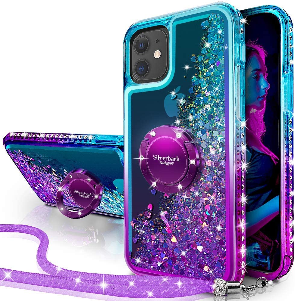 Miss Arts Case for iPhone 12/12 Pro, Girl Silicone Glitter Luxury Bling Glitter with Stand, Liquid Gel Protective Case for iPhone 12/12 Pro - Purple