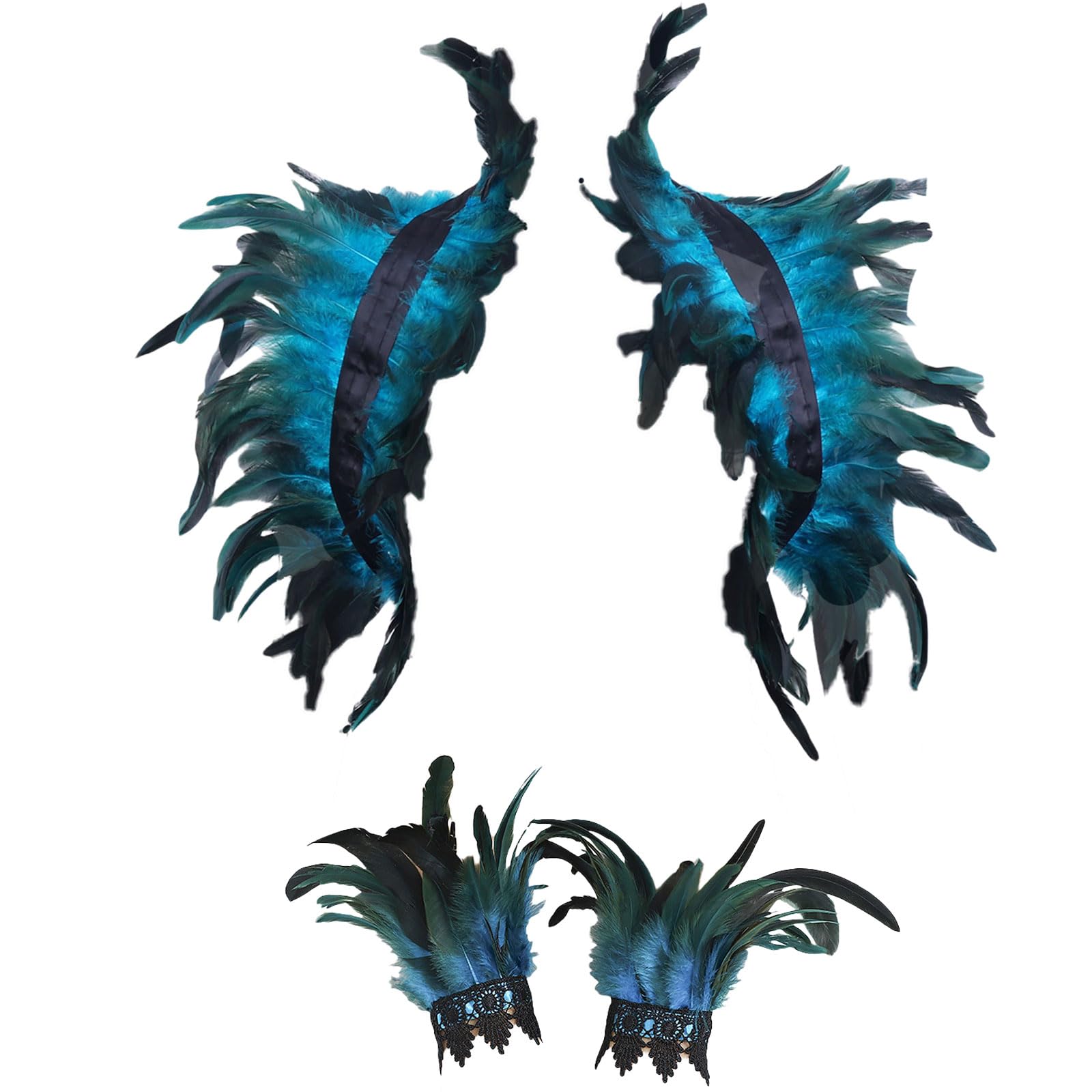 GWAWG Women Natural Feather Cape with Wrist Cuffs Wristband Maleficent Costume Gothic Lacing Shawl Shrug Collar Feather Cape for Halloween Cosplay Christmas Party (Blue)