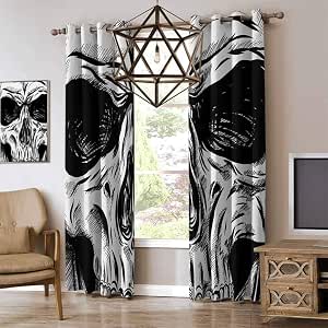Halloween Wide Blackout Curtains Gothic Dead Skull Face Close Up Sketch