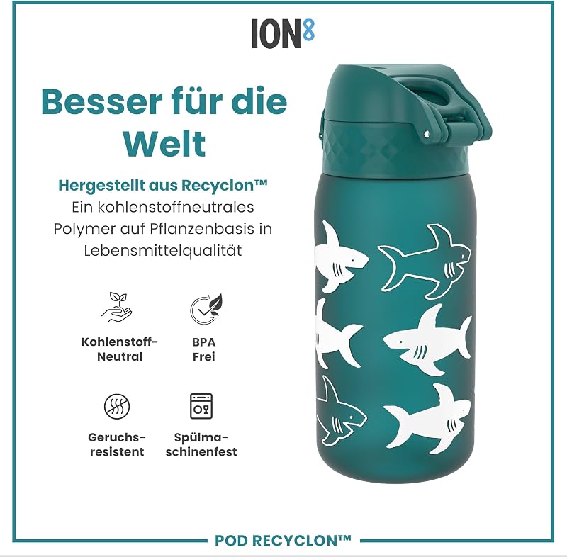 Kinder Trinkflasche, 350ml, Auslaufsicher, Einhandöffnung, Sichere Verriegelung, Spülmaschinenfest, BPA-frei, Tragegriff, Klappdeckel, Leicht zu Reinigen, Haie