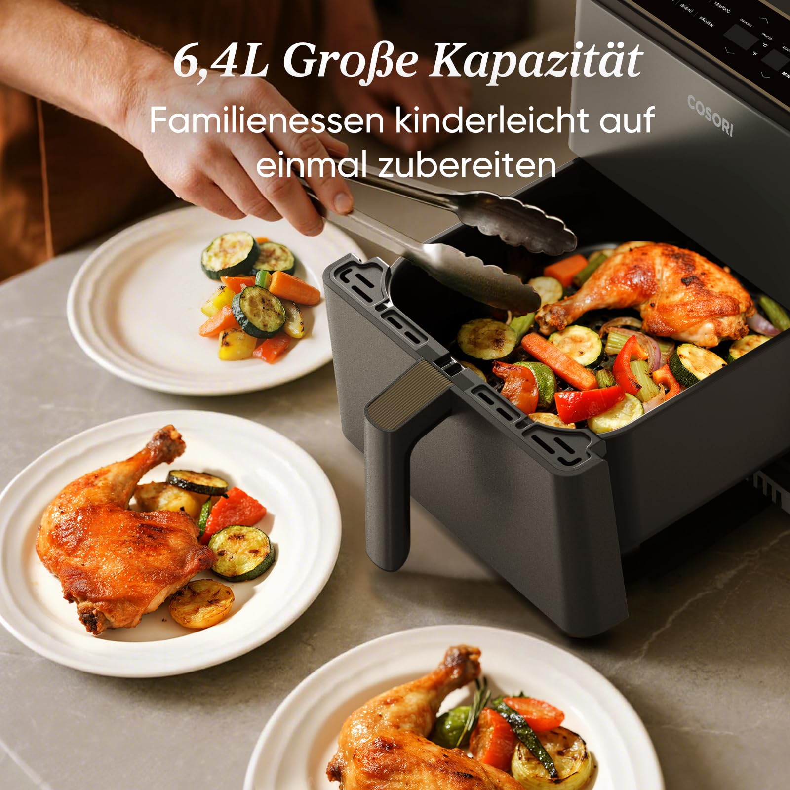 COSORI Dual Blaze Airfryer - Smart Heißluftfritteuse mit Wlan - 6,4L XXL Air Fryer - 11-in-1: Backen, Grillen, Brot, Hühnchen - 80+ Rezepte - spülmaschinenfest, Grau 6
