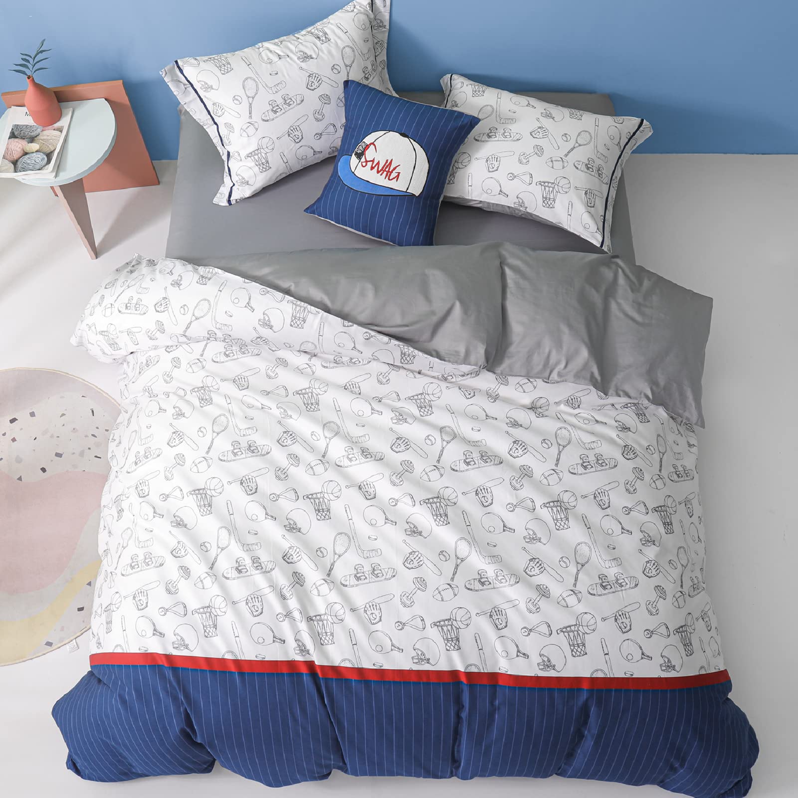 Simple&Opulence Double Duvet Cover Set-100% Organic Cotton Baseball Cartoon Bedding Set and Matching Pillow Cases with Zipper Closure