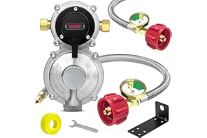 MEFUN RV Propane 2-Stage Auto Changeover LP Propane Gas Regulator with Two 18" RV Pigtail Propane Stainless Braided Hoses with Gauge, Dual Propane Tank Regulator for RVs, Vans, Trailers,Camper