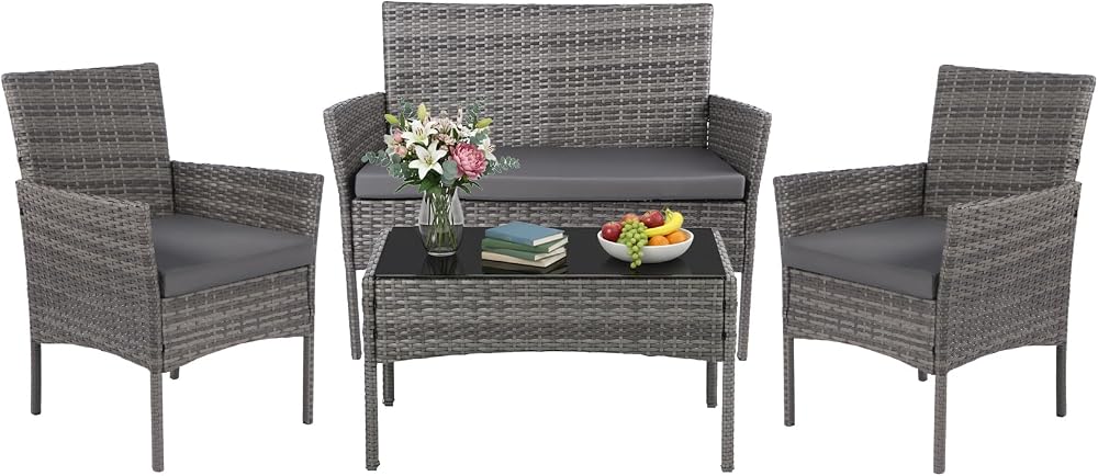 Panana Rattan Garden Furniture 4 Piece Set Grey Cushions