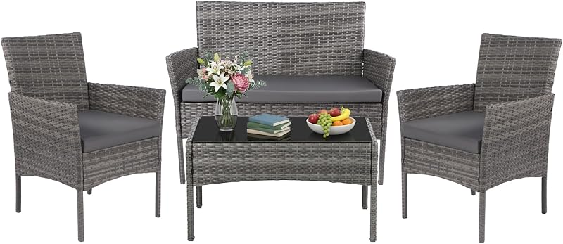 Panana Rattan Garden Furniture 4 Piece Set Grey Cushions