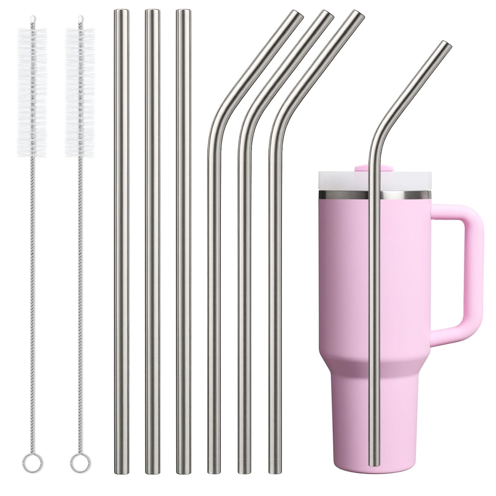 Photo 1 of 6 Pack Stainless Steel Straw Replacement for Stanley 40 oz 30 oz Tumbler,3 Straight + 3 Curved BPA Free Reusable Metal Straws with Cleaning Brush, 12Inch Long Drinking Reusable Accessories