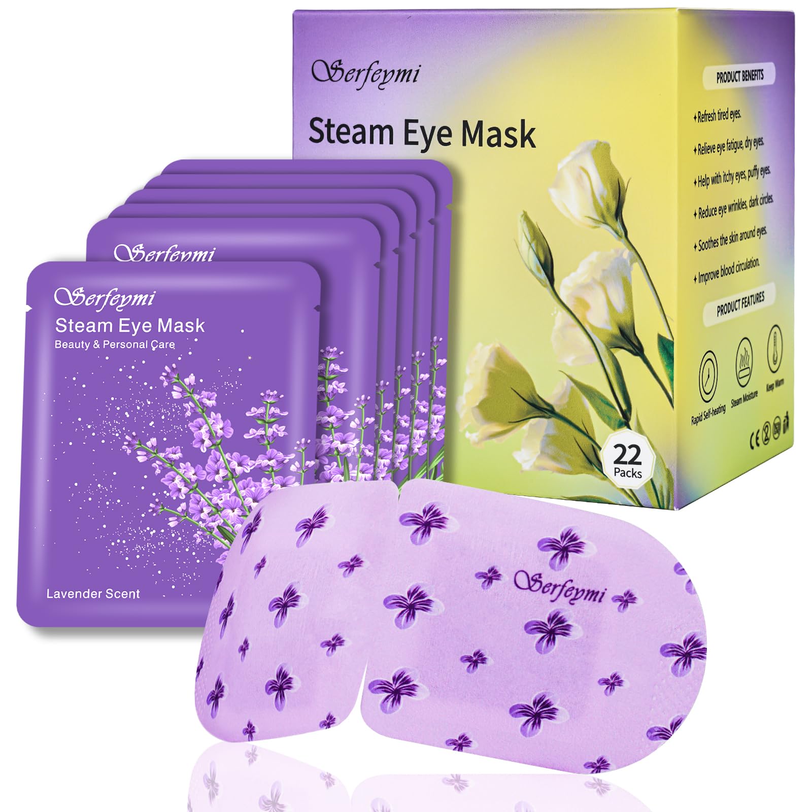 Serfeymi Steam Eye Mask 22 PCS- Self Heating Eye Mask, Warming Eye Mask, Heated Eye Mask for Puffy Eyes, Dry Eyes, Moist Hot Warm Eye Compress, Disposable Sleep Eye Mask Relief Eyes Fatigue Lavender
