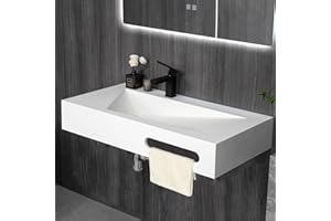 Gesipor 32"x19" Wall Mount Bathroom Vanity with Sink Stone Resin Floating Vanity Sink Rectangular Vessel Sinks for Bathroom White Trough Modern Art Basin