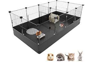 Tresbro Guinea Pig Playpen with 14 Panels & Divided Room, Triple Fixing Measures Small Animal Cage with Waterproof PVC Liner & One-Motion Hooks, Rabbit, Bunny, C&C Grids Cage 48 x 24 x 16 Inches