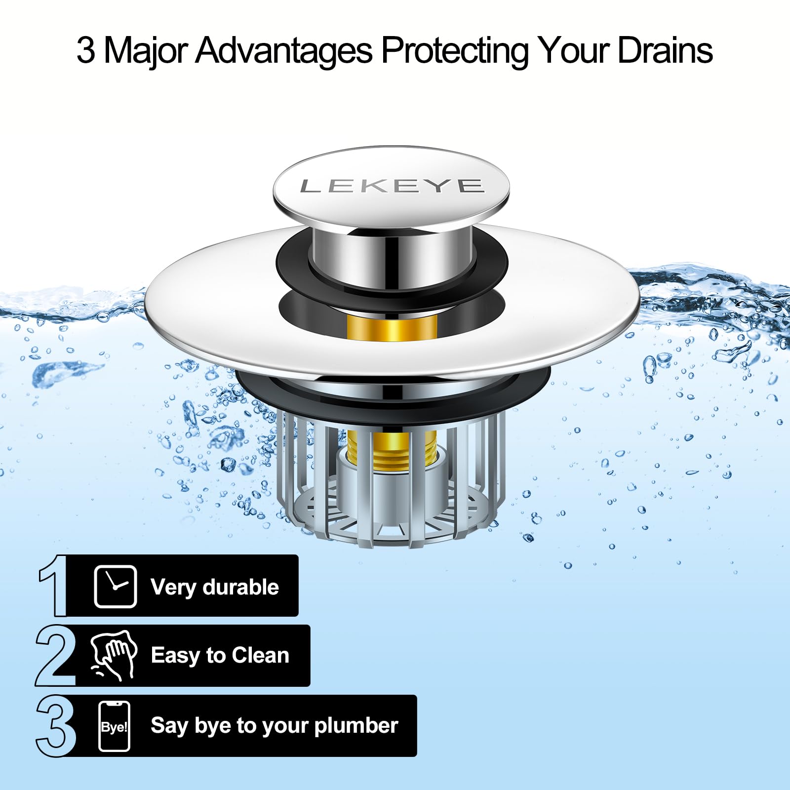 LEKEYE Tub Stopper | Shower Drain Hair Catcher | Pop-up Drain Stopper with Strainer | Bathroom Bathtub Plug | Drain Protector for 1-1/2 to 1-3/4