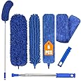 Microfiber Feather Duster, 6PCS Washable Bendable Dusters with 100" Telescopic Pole, Cobweb Cleaner for Ceiling Fans, Lights, Blinds, Cars, Furniture (Blue)