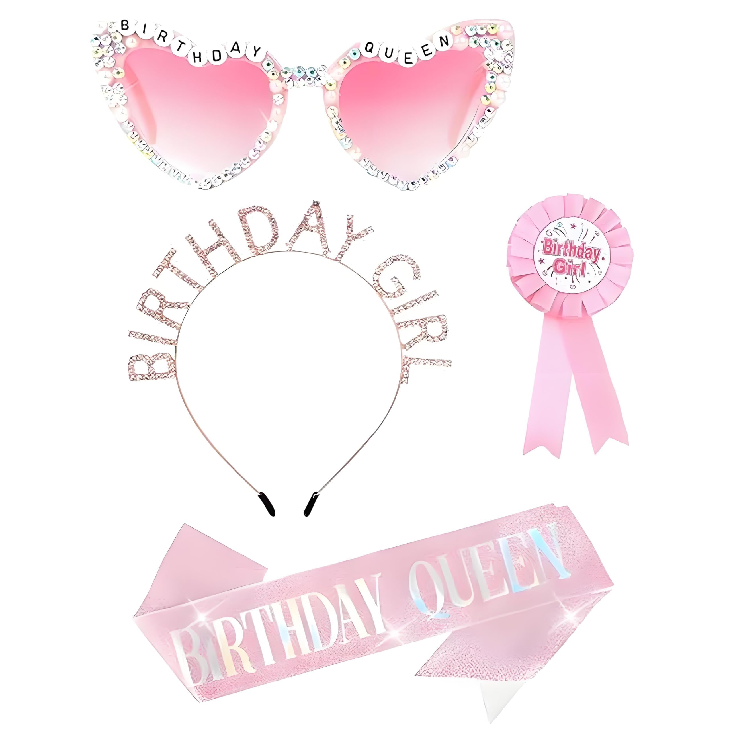 Pddenality 4 PCS Birthday Girl Headband Set, Birthday Sash for Women Eyewear Birthdays Crown & Accessories Pink Accessories, Suitable for Women Girls Party Supplies