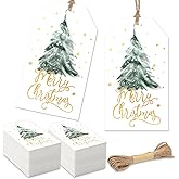 Whaline 100Pcs Merry Christmas Gold Foil Paper Gift Tags Watercolor Pine Tree Blank Hanging Labels with Hemp Rope for Xmas Winter Holiday Present DIY Crafts