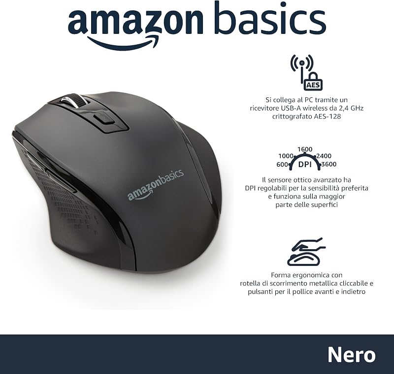 Mouse wireless ergonomico - DPI regolabile - Nero
