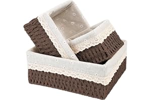 Wicker Storage Basket with Liner, Hand-Woven Paper Rope Rattan Organizer Bin for Pantry, Countertop, Bathroom, Bedroom, Shelv