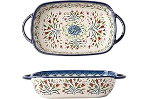 Bicuzat Vintage Style Tulip Flower Pattern Ceramic Bakeware Casserole Dish Baking Pan Lasagna Pans Baking Dish with Handles for Oven/Cooking/Kitchen-1 PCS-22 OZ