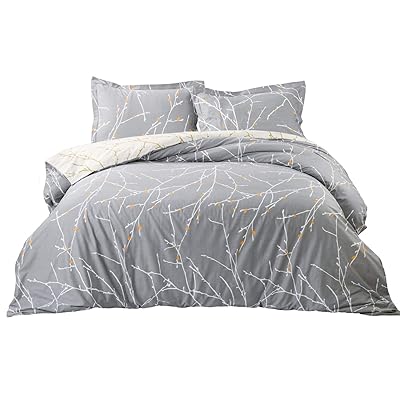 Bedsure Printed Duvet Cover Set, Grey Ivory Branch Pattern, Full