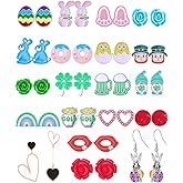 20 Pairs Valentine’s Day St Patrick's Day Easter Hypoallergenic Drop Stud Earrings Bulk for Girls Women Clover Shamrock Green Hat Easter Eggs Bunny Earrings Dangle Stud Earrings Set for Teen Girls Women