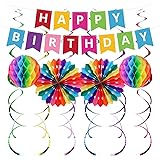 UNIIDECO Colorful Happy Birthday Decoration Kit, Including Rainbow Pom Poms, Banner, Swirls, Bday Decor for Men Women Kids Bo