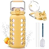 MUKOKO 64oz Glass Water Bottles with Straw and Lid,Half Gallon Water Bottle with Time Marker,Large Glass Water Jug with Silicone Sleeve and Stainless Steel Handle-Yellow
