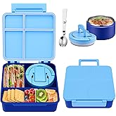 Bento Lunch Box for Kids with 8oz Soup Thermo,Kids Leakproof Lunch Food Containers with 4 Compartment,Kid Insulated Thermo Hot Food Jar for School,Trvael-Blue