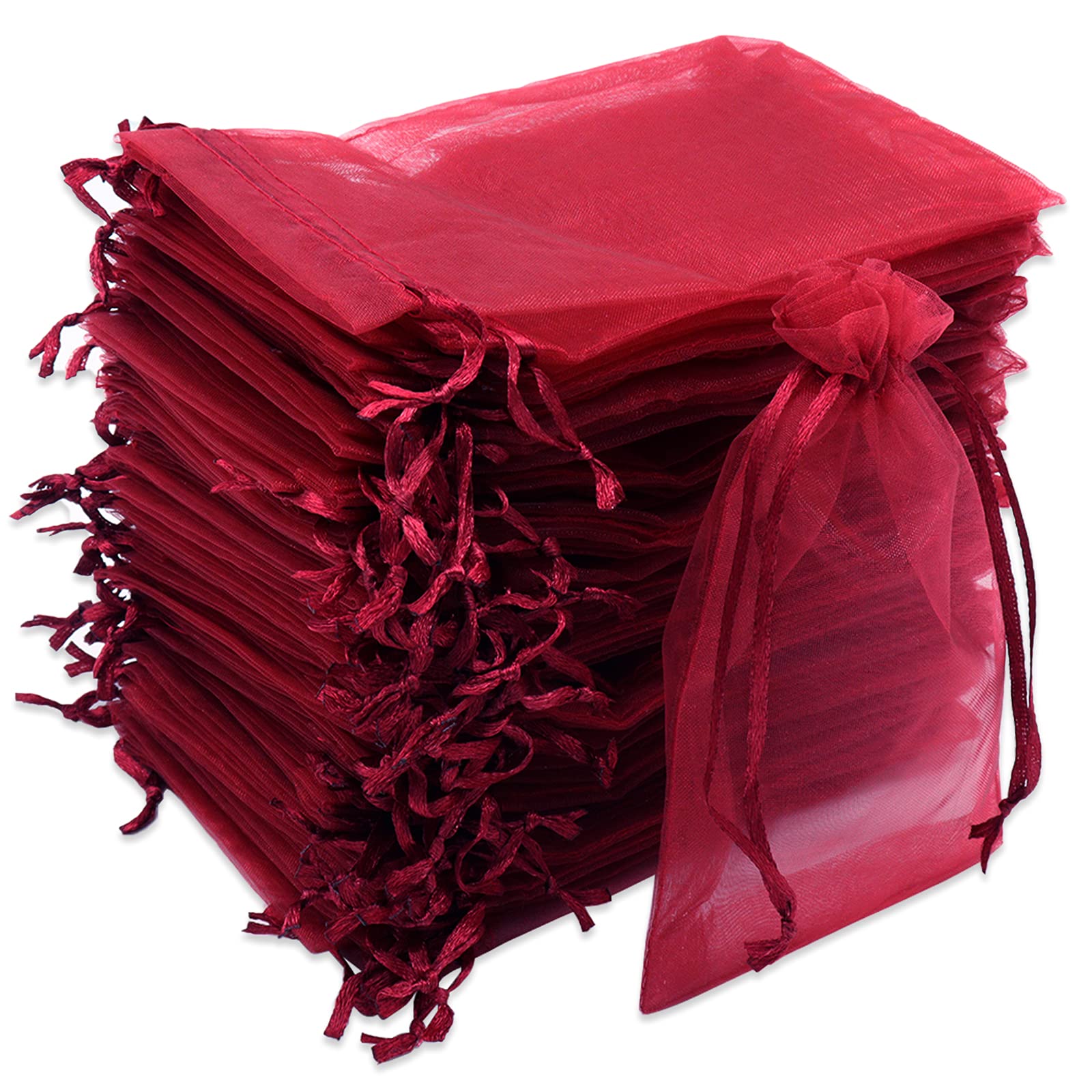 Leeyunbee 100PCS 10 x 15 cm Wine Red Organza Bags, Organza Gift Bags, Candy, Wedding Favour & Jewelry Pouches with Drawstring for Wedding, Birthday, Christmas & Anniversary