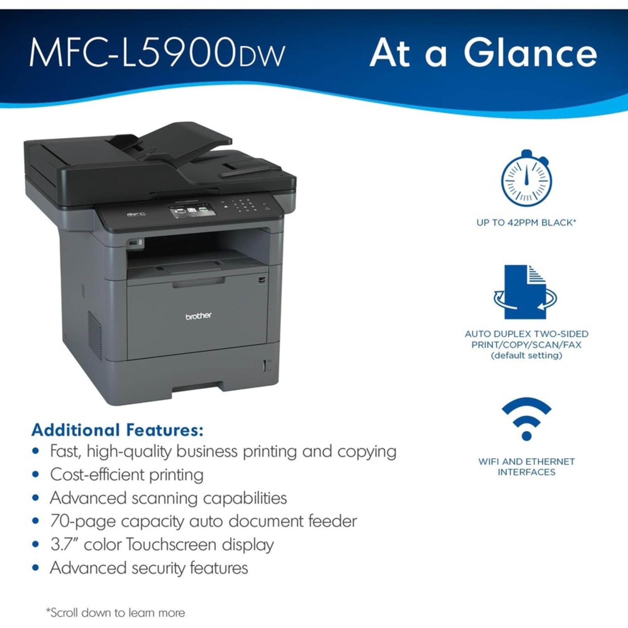 Brother Monochrome Laser Printer, Multifunction Printer, All-in-One Printer, MFC-L5900DW, Wireless Networking, Mobile Printing&Scanning, Duplex Print, Copy&Scan, Amazon Dash Replenishment Ready, Black