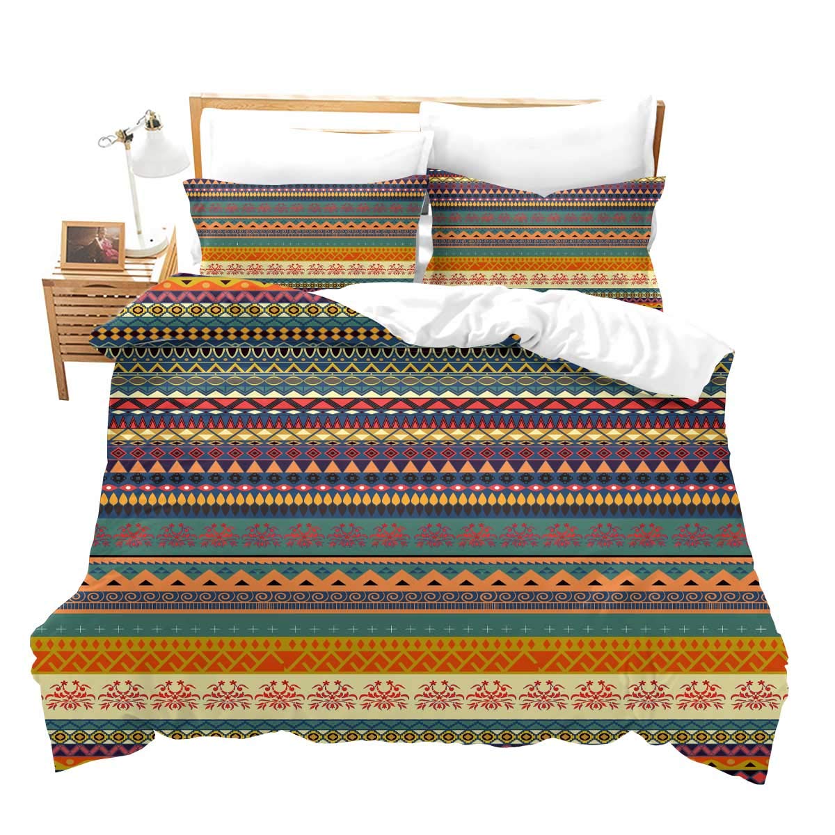 Loussiesd Bohemian Duvet Cover Set Single for Kids Geometric Bedding Set Striped Ethnic Comforter Cover with 1Pillow Shams Zipper Ultra Soft Microfiber Boho Floral Bedspread Cover