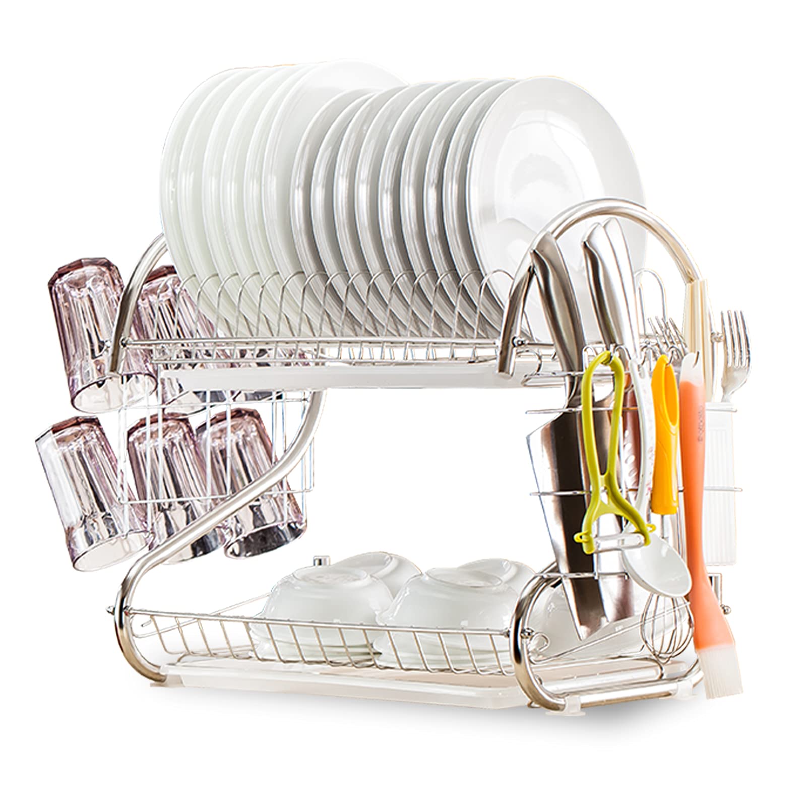 Photo 1 of 2 Tier Dish Racking System with Removable Drain Board - Sturdy Steel Kitchen Counter Organizer for Efficient Drying and Utensil Storage