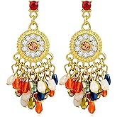 Watforsh 14k Gold Plated Boho Colorful Chain Burnt Orange Tassel Earrings with Blue Sapphire Red Ruby Cubic Zirconia Stone Bohemian Filigree Round Prom Dangle Drop Vintage Earrings for Women Trendy