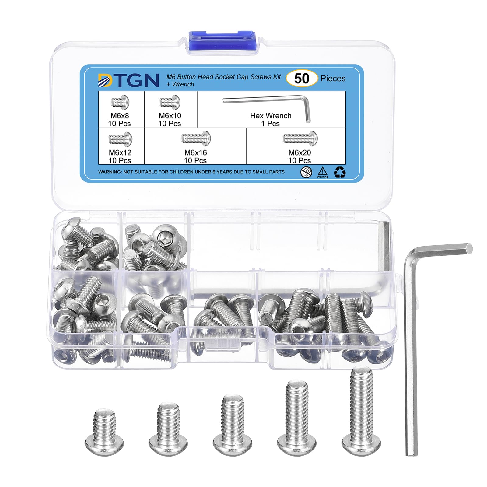 DTGN 50Pack M6(D) Button Head Socket Cap Screws Kit - 8/10/12/16/20mm(L) 304 Stainless Steel Full Thread Hex Socket Cap Screw Assortment with S4 Wrench - Good for Machine