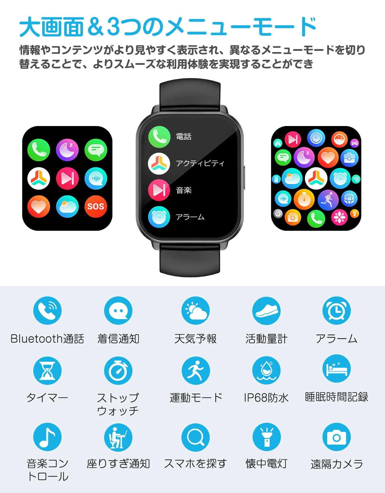 Smartwatch, iPhone/Android Compatible, Bluetooth Large Screen, Wristwatch, Pedometer, Smart Watch, 7 Day Battery Life, Incoming Call Notification, Smartphone Search, DIY Dial, IP68 Waterproof, Alarm,