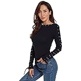 AmélieBoutik Women Boatneck Lace Up Trim Long Sleeve Blouse