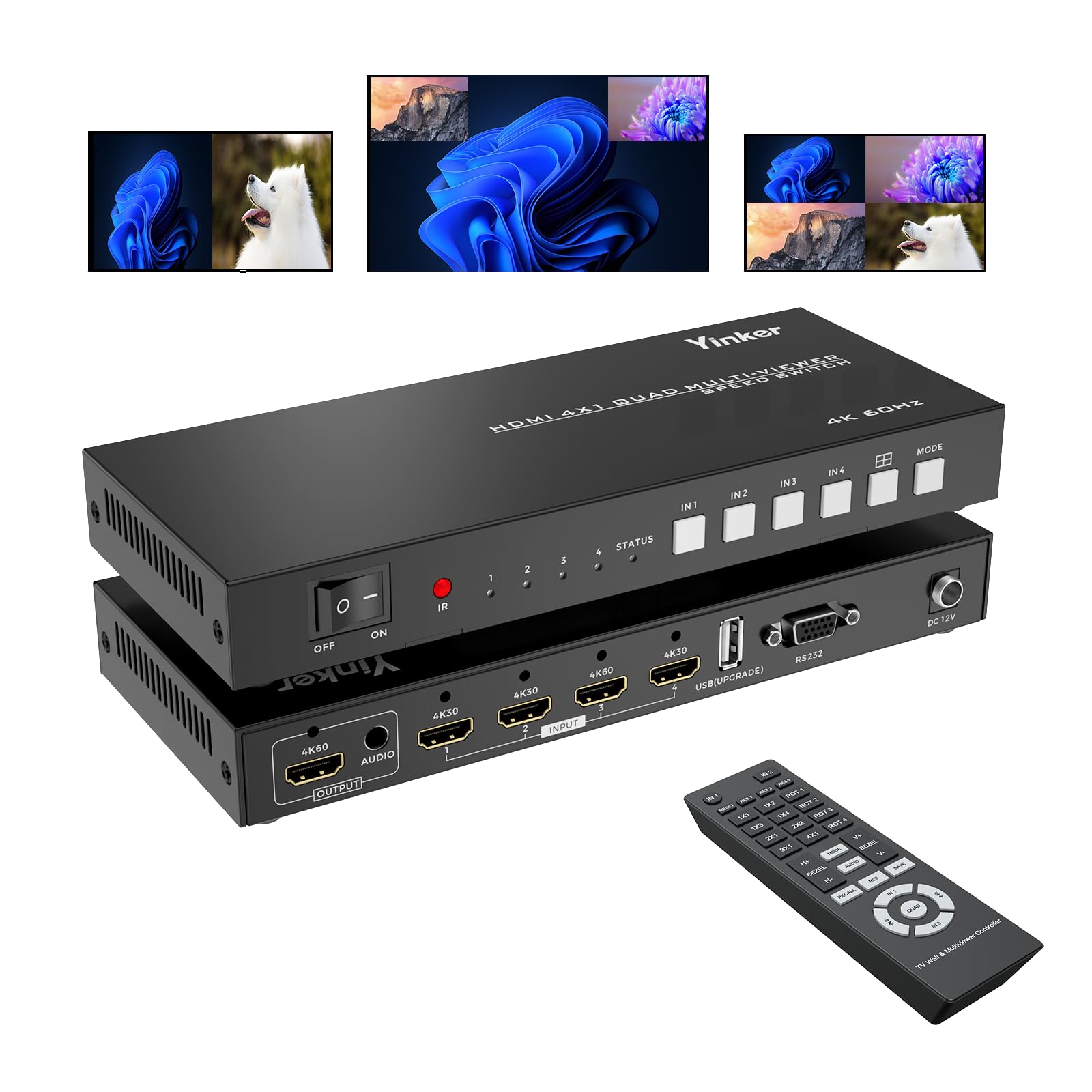 4K HDMI Quad Multi-viewer 4x1, Yinker 4 in 1 Out HDMI Quad Switcher for 4K@60Hz, Supports 3.5mm Audio & 90 Degree Rotation & 8 Display Modes & IR Remote & RS232