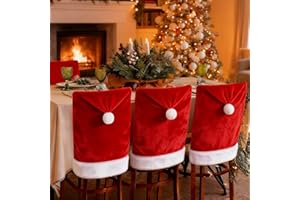 VADOO Christmas Chair Covers, 4PCS Santa Hat Chair Covers with 4 Pcs Silverware Holders Red Hat Dining Chair Slipcovers Christmas Chair Back Covers for Party Holiday Festival Decoration