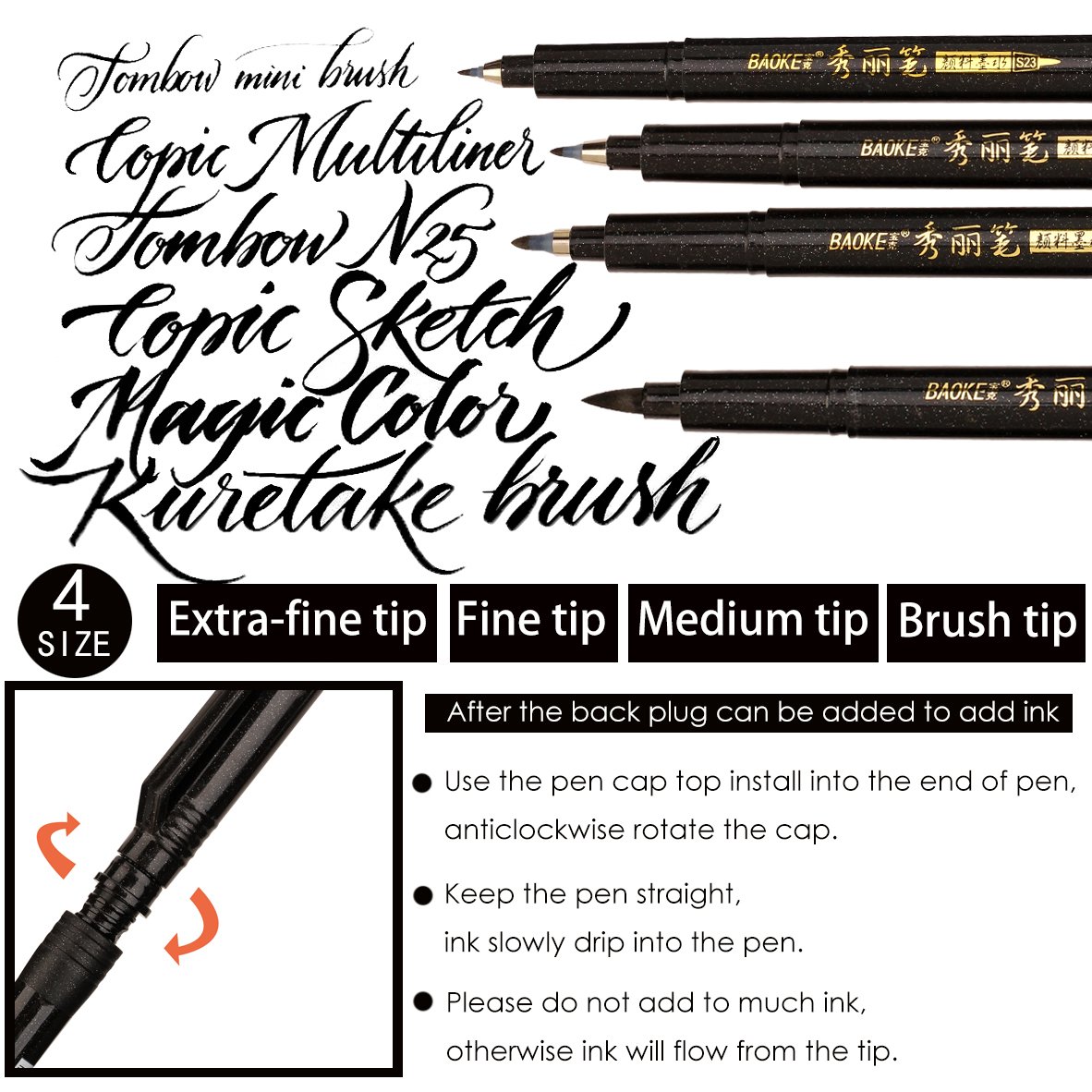 MISULOVE Hand Lettering Pens, Calligraphy Pens, Brush Markers Set, Soft and Hard Tip, 4 Size(6 Pack) for Beginners Writing, Art Drawings, Journaling