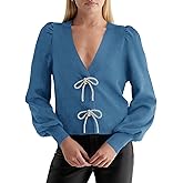 Saodimallsu Womens Puff Long Sleeve Sweaters V Neck Cropped Bow Button Front Cozy Knit Cardigan Sweater Tops Blue
