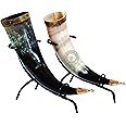 Set of Two Ox Horn Drinking Beer Mug Brass Rim Medieval Viking Cup With Iron Stand