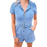 PLNOTME Women's Summer Denim Rompers Zip Up Belted Short Jeans Jumpsuits with Pockets